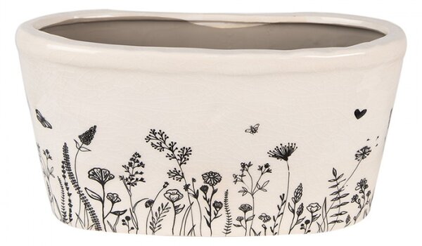 Béžový keramický obal na květináč s kresbou rostlinek Flora a Fauna – 27x13x14 cm