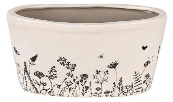 Béžový keramický obal na květináč s kresbou rostlinek Flora a Fauna – 27x13x14 cm
