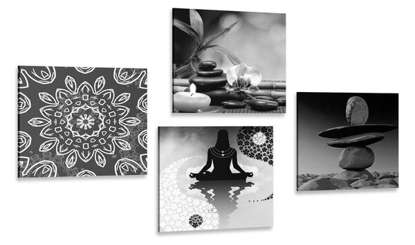 Set obrazů harmonie Feng Shui v černobílém provedení