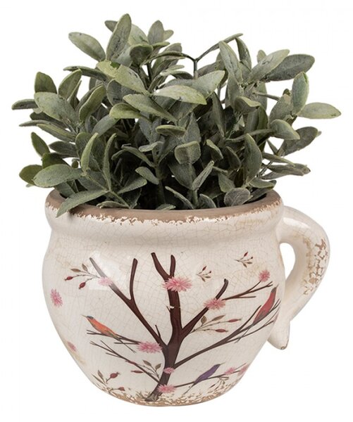 Béžový keramický obal na květináč s keři, šípky a ptáčky Satin s uchem – 17x14x12 cm