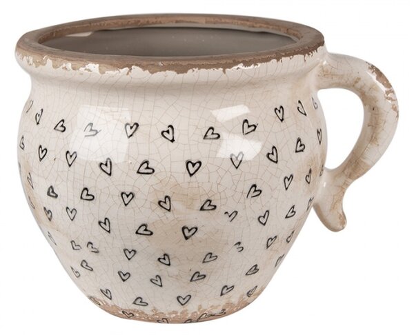 Béžový keramický obal na květináč se obrysy srdíček Ankie s uchem – 17x14x12 cm