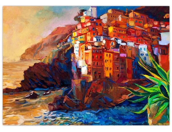 Obraz - Vesnice na pobřeží Cinque Terre, Italská riviéra, moderní impresionismus (70x50 cm)