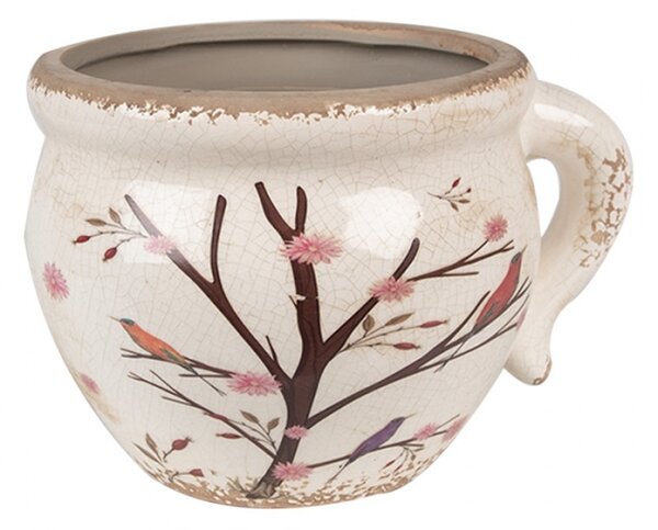 Béžový keramický obal na květináč s keři, šípky a ptáčky Satin s uchem – 17x14x12 cm