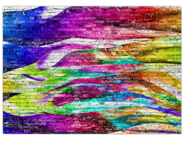 Obraz - Cihlová zeď s barevnými plameny (70x50 cm)