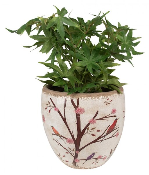 Béžový keramický obal na květináč s keři, šípky a ptáčky Satin – 18x17 cm