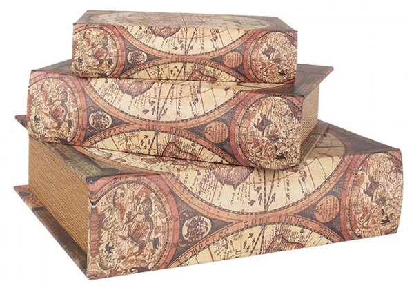 Sada 3 ks úložných boxů ve tvaru knihy s motivem starých map v béžovém odstínu 27x22 cm / 22x17 cm / 17x12 cm