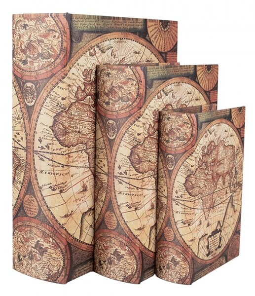 Sada 3 ks úložných boxů ve tvaru knihy s motivem starých map v béžovém odstínu 27x22 cm / 22x17 cm / 17x12 cm
