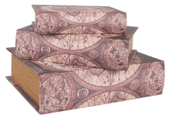 Sada 3 ks úložných boxů ve tvaru knihy s motivem starých map ve starorůžovém odstínu 27x22 cm / 22x17 cm / 17x12 cm