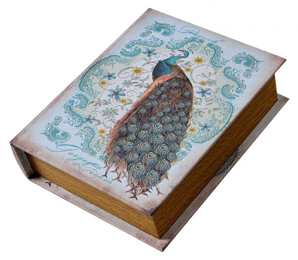 Sada 3 ks úložných boxů ve tvaru knihy s motivem páva a modrých ornamentů 27x22 cm / 22x17 cm / 17x12 cm