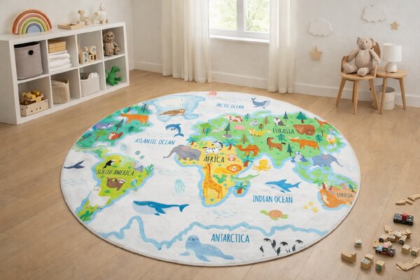 Makro Abra Kulatý dětský koberec KIDS 250321N Mapa Světa Rozměr: průměr 140 cm