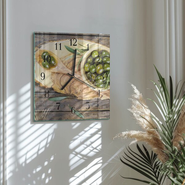 Skleněné hodiny na stěnu Olivové dřevo zskc-30x30-00185472