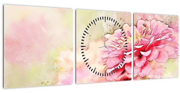Obraz - Růžová květina, aquarel (s hodinami) (90x30 cm)