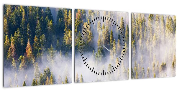 Obraz stromů v mlze (s hodinami) (90x30 cm)