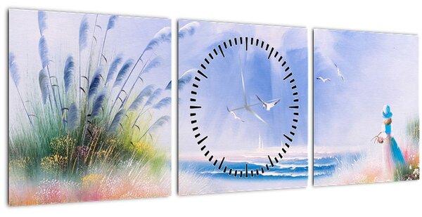 Obraz - Romantická pláž, olejomalba (s hodinami) (90x30 cm)