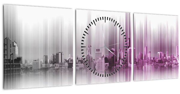 Obraz - Panorama města, růžovo-šedé (s hodinami) (90x30 cm)