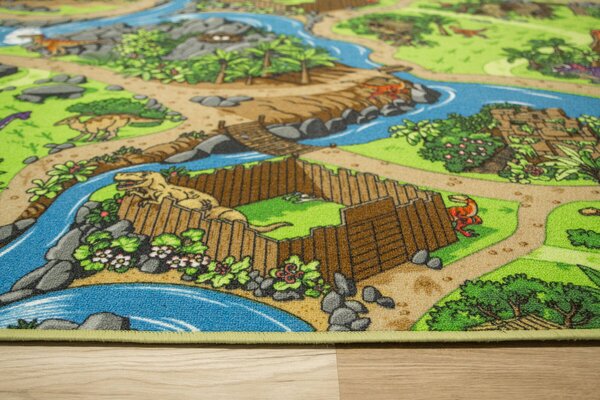 Kobercový ráj Dětský kusový koberec Dino Vesnička Dinosaurů zelený modrý Rozměr: 100x200 cm
