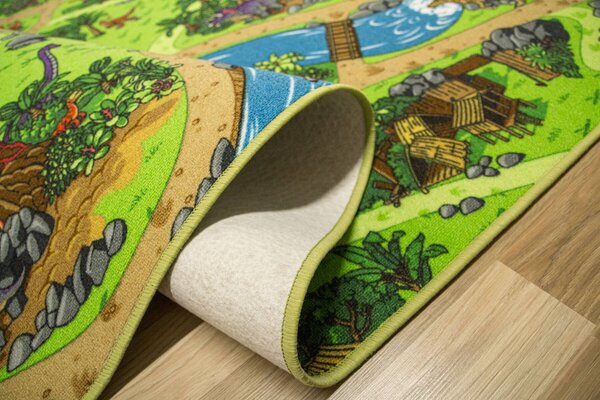 Kobercový ráj Dětský kusový koberec Dino Vesnička Dinosaurů zelený modrý Rozměr: 100x200 cm