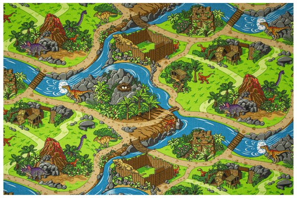 Kobercový ráj Dětský kusový koberec Dino Vesnička Dinosaurů zelený modrý Rozměr: 100x200 cm