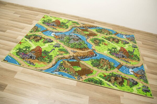 Kobercový ráj Dětský kusový koberec Dino Vesnička Dinosaurů zelený modrý Rozměr: 100x200 cm