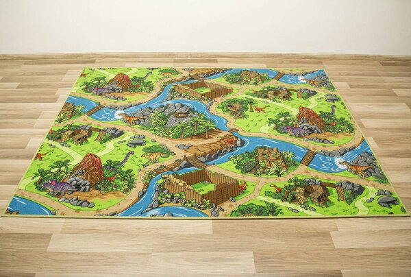 Kobercový ráj Dětský kusový koberec Dino Vesnička Dinosaurů zelený modrý Rozměr: 100x200 cm