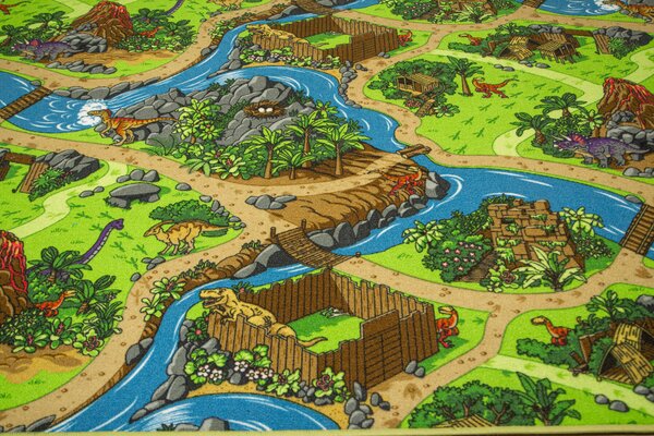 Kobercový ráj Dětský kusový koberec Dino Vesnička Dinosaurů zelený modrý Rozměr: 100x200 cm