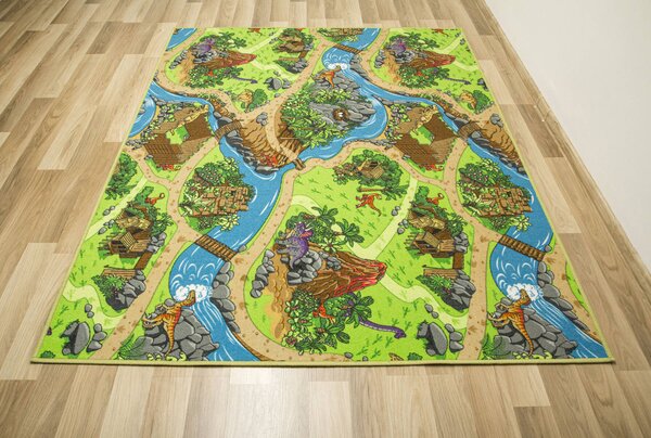 Kobercový ráj Dětský kusový koberec Dino Vesnička Dinosaurů zelený modrý Rozměr: 100x200 cm