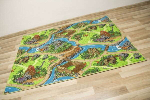 Kobercový ráj Dětský kusový koberec Dino Vesnička Dinosaurů zelený modrý Rozměr: 100x200 cm