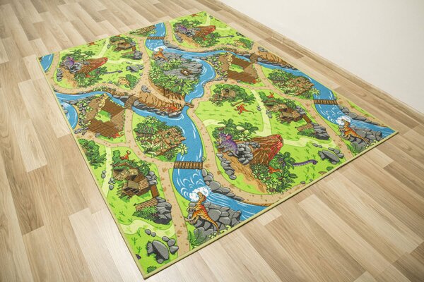 Kobercový ráj Dětský kusový koberec Dino Vesnička Dinosaurů zelený modrý Rozměr: 100x200 cm