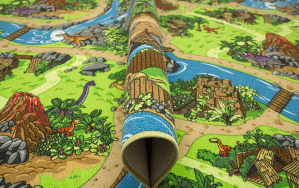 Kobercový ráj Dětský kusový koberec Dino Vesnička Dinosaurů zelený modrý Rozměr: 100x200 cm