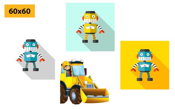 Set obrazů roboti se žlutým autem