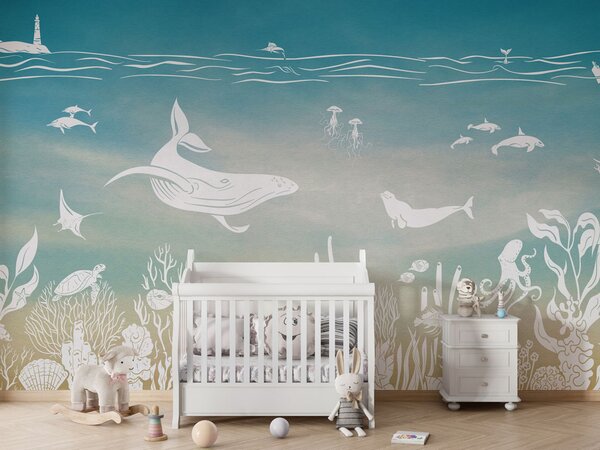 Tapeta podmořský svět - Monochrome Sea - Blue aqua | Fugu Materiál: Digitální eko vlies - klasická tapeta nesamolepicí