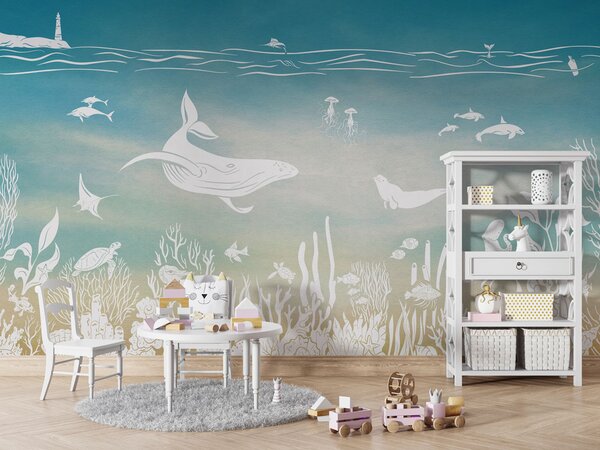 Tapeta podmořský svět - Monochrome Sea - Blue aqua | Fugu Materiál: Digitální eko vlies - klasická tapeta nesamolepicí