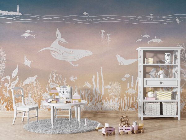 Tapeta podmořský svět - Monochrome Sea - Pink aqua | Fugu Materiál: Digitální eko vlies - klasická tapeta nesamolepicí