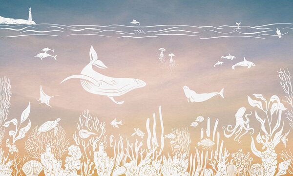 Tapeta podmořský svět - Monochrome Sea - Pink aqua | Fugu Materiál: Digitální eko vlies - klasická tapeta nesamolepicí