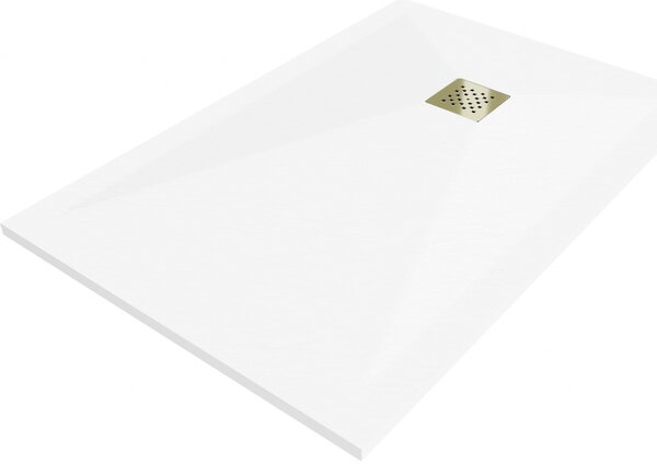Mexen Stone+, obdélníková vanička z minerálního kompozitu 80 x 70 cm, bílá, zlatá lesklá krytka, 44107080-G