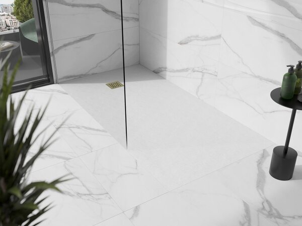 Mexen Stone+, obdélníková vanička z minerálního kompozitu 160 x 70 cm, bílá, zlatá lesklá krytka, 44107016-G