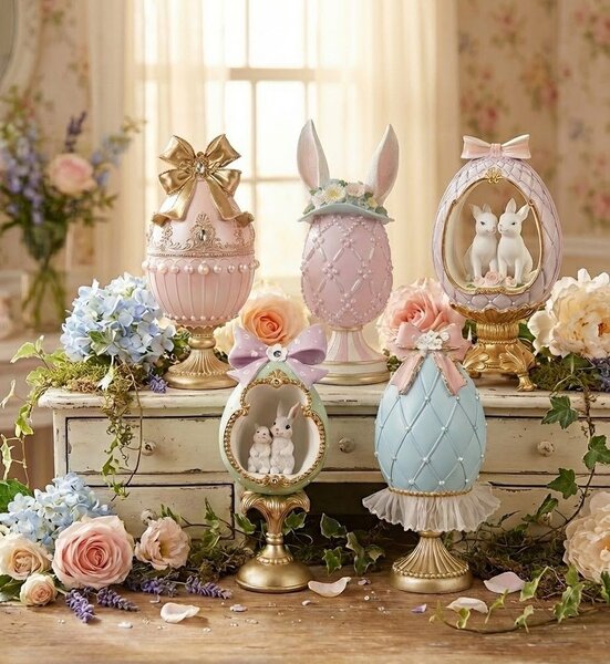 Fialkové vajíčko na podstavci s králíčky a mašlí - 17*12*31 cm - Clayre & Eef