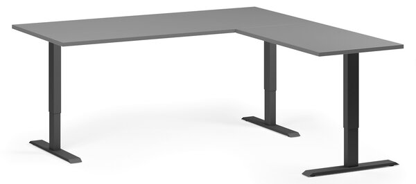 Rohový výškově nastavitelný stůl, 180x180 cm, 3 motory, L/P, černá podnož, grafit