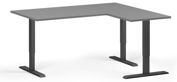 Rohový výškově nastavitelný stůl, 160x140 cm, 3 motory, L/P, černá podnož, grafit