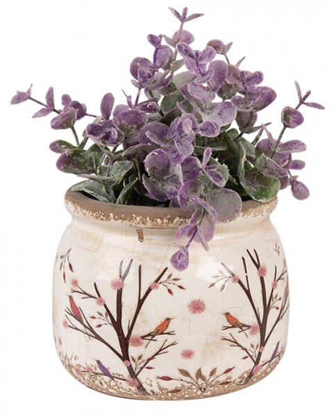 Béžový keramický obal na květináč s keři, šípky a ptáčky Satin – 12x10 cm