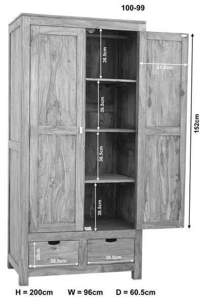 GREY WOOD Skříň 200x96 cm, masivní indický palisandr