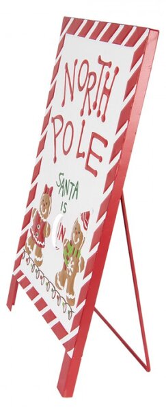 Červeno-bílá kovová vánoční cedule North Pole Santa is IN / OUT – 29x16x51 cm