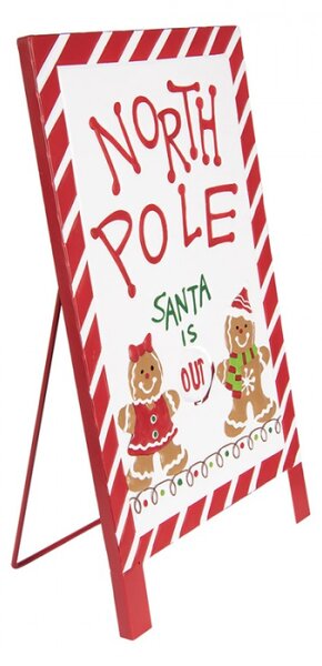 Červeno-bílá kovová vánoční cedule North Pole Santa is IN / OUT – 29x16x51 cm