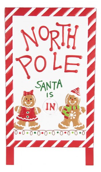Červeno-bílá kovová vánoční cedule North Pole Santa is IN / OUT – 29x16x51 cm