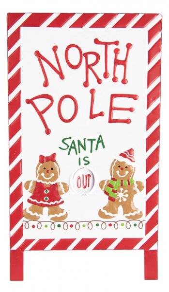 Červeno-bílá kovová vánoční cedule North Pole Santa is IN / OUT – 29x16x51 cm