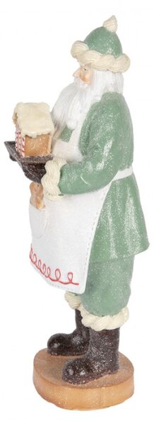 Vánoční dekorace Santa Claus pekař s perníkovým domečkem v zeleném šatu – 11x11x30 cm