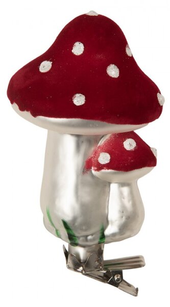 Červeno-bílá skleněná vánoční ozdoba muchomůrky na kolíčku – 6x10 cm