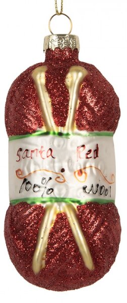 Červená skleněná vánoční ozdoba klubíčko vlny s pletacími jehlicemi Santa Red Wool – 8x8x8 cm