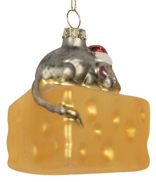 Skleněná vánoční ozdoba sýr ementál s myškou v santaclausovské čepici – 8x8x8 cm