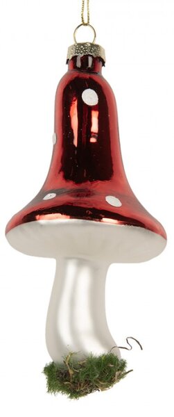 Skleněná vánoční ozdoba houbička muchomůrka s mechem – 6x12 cm
